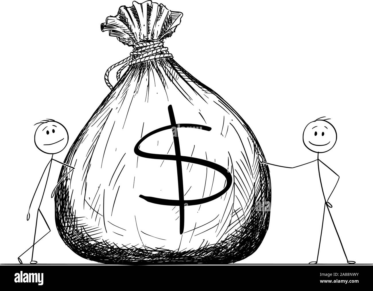 Vector cartoon stick figure dessin illustration conceptuelle de deux hommes d'affaires ou posant avec un gros sac ou sac de transport de l'argent avec le symbole du dollar. Illustration de Vecteur