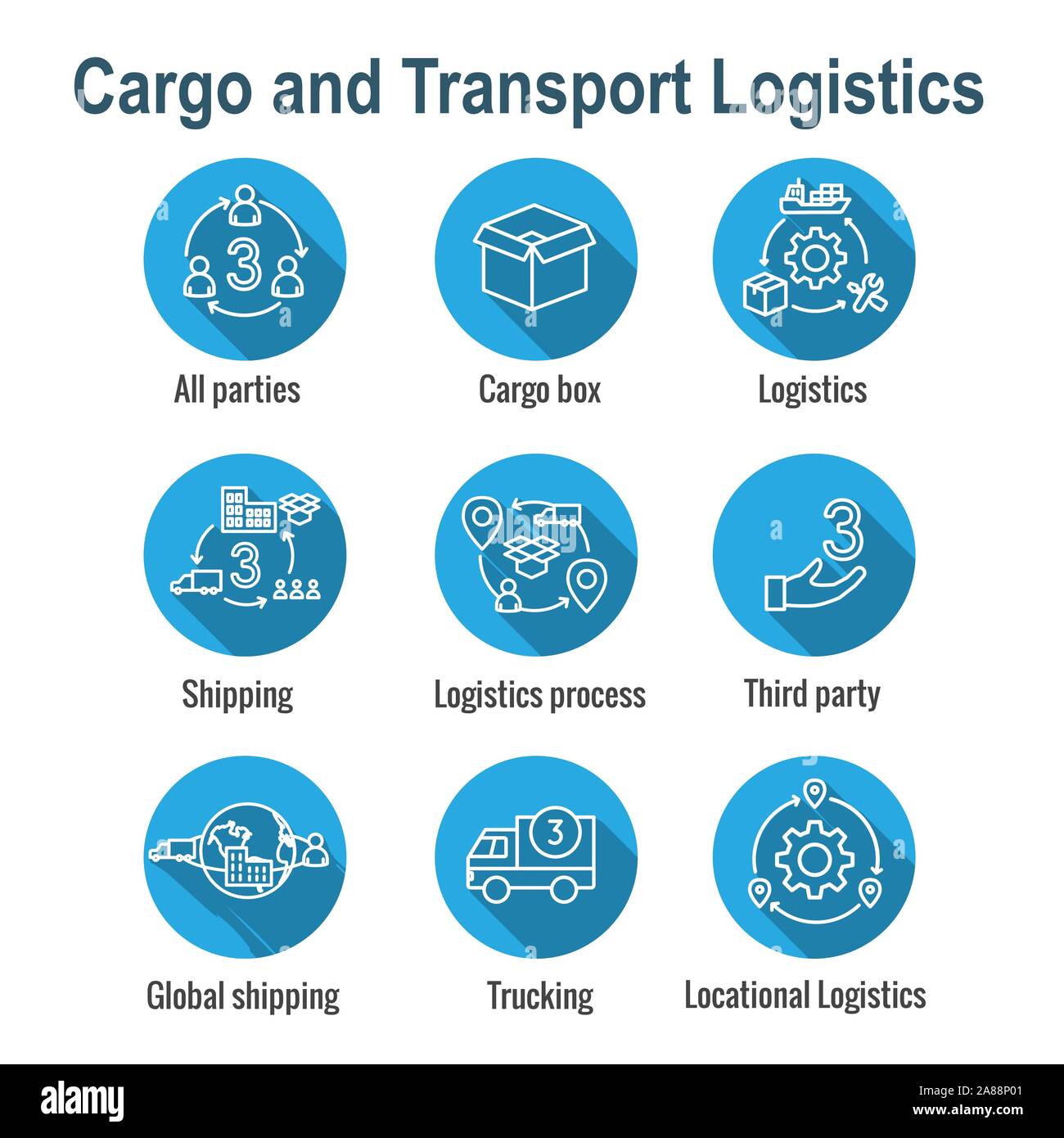 L'icône de la logistique set w bâtiments, de camionnage, d'expédition et les gens fort Illustration de Vecteur