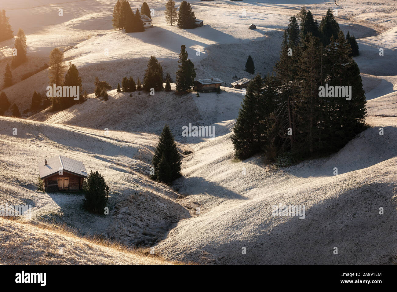 Vue paysage brumeux dans l'Alpe di Siusi Alpe di Siusi ou au lever du soleil, montagne Dolomites, Italie Banque D'Images