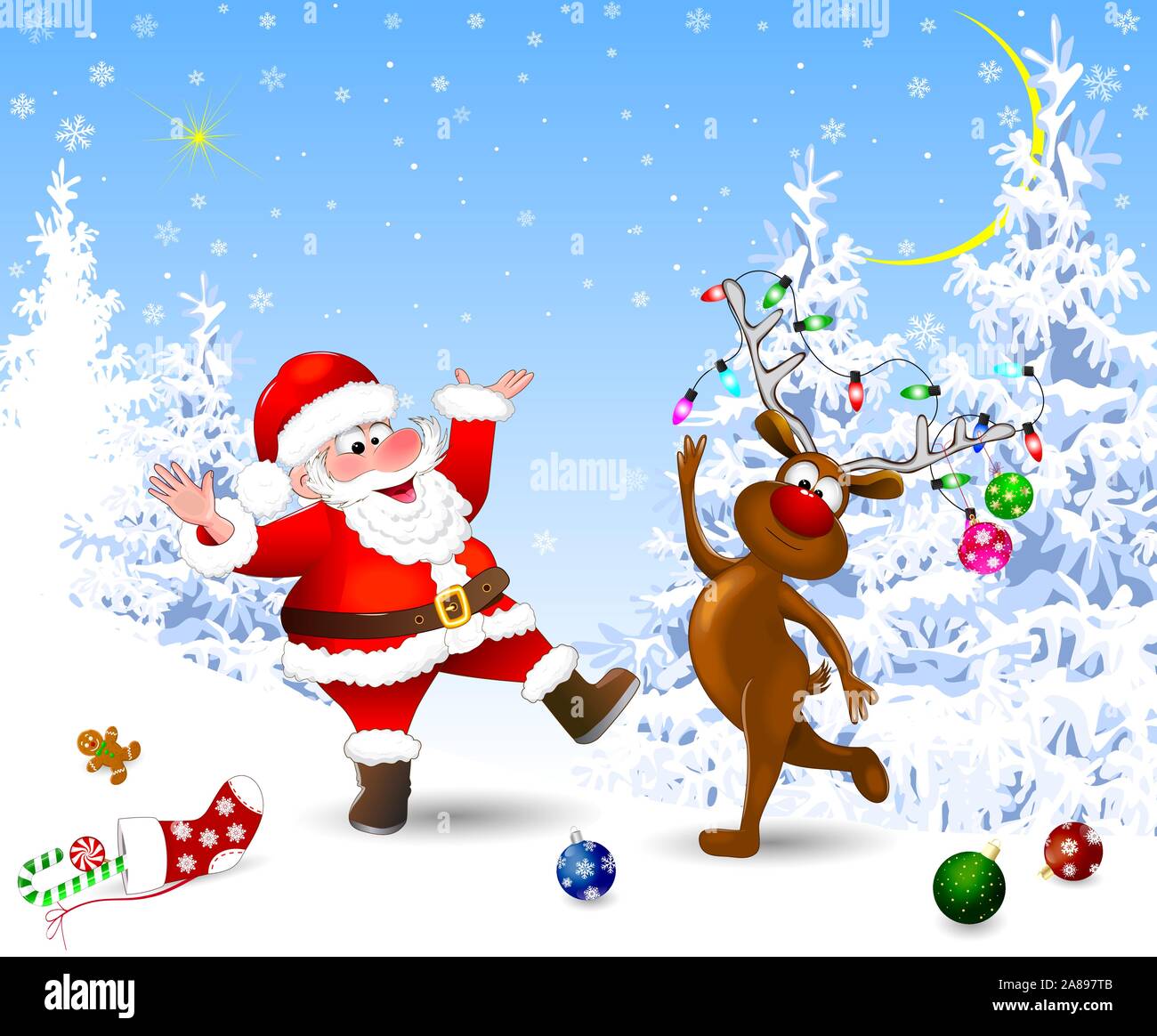 Santa et le cerf dans la forêt d'hiver. Santa et deer célébrer Noël. La veille de Noël. Décorations de Noël dans la neige. La nuit de Noël. Lan d'hiver Illustration de Vecteur