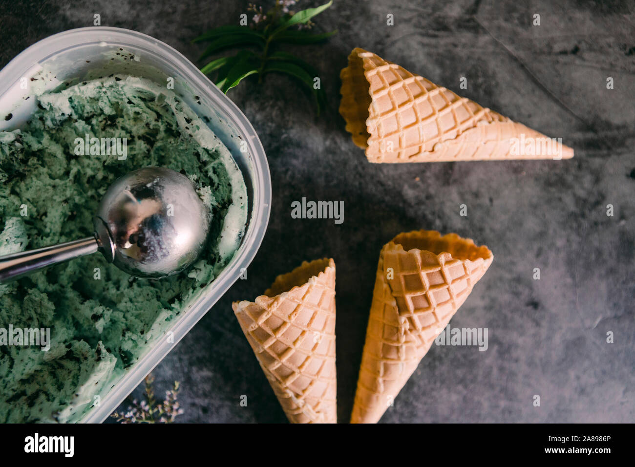 Glace aux pépites de chocolat à la menthe avec des cônes Banque D'Images