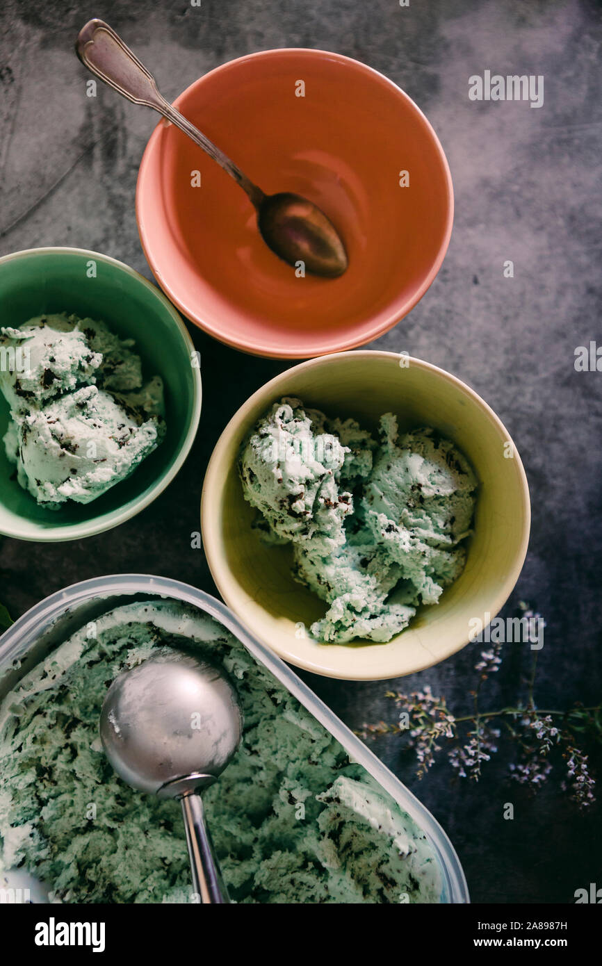 Bols de crème glacée aux pépites de chocolat à la menthe Banque D'Images