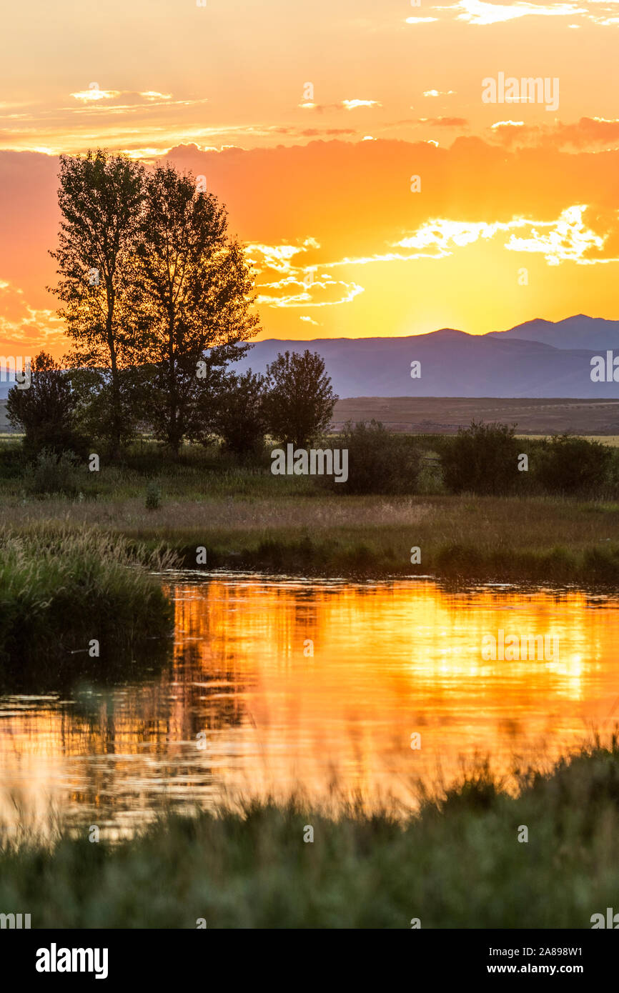 Rivière au coucher du soleil à Picabo, Idaho, États-Unis Banque D'Images