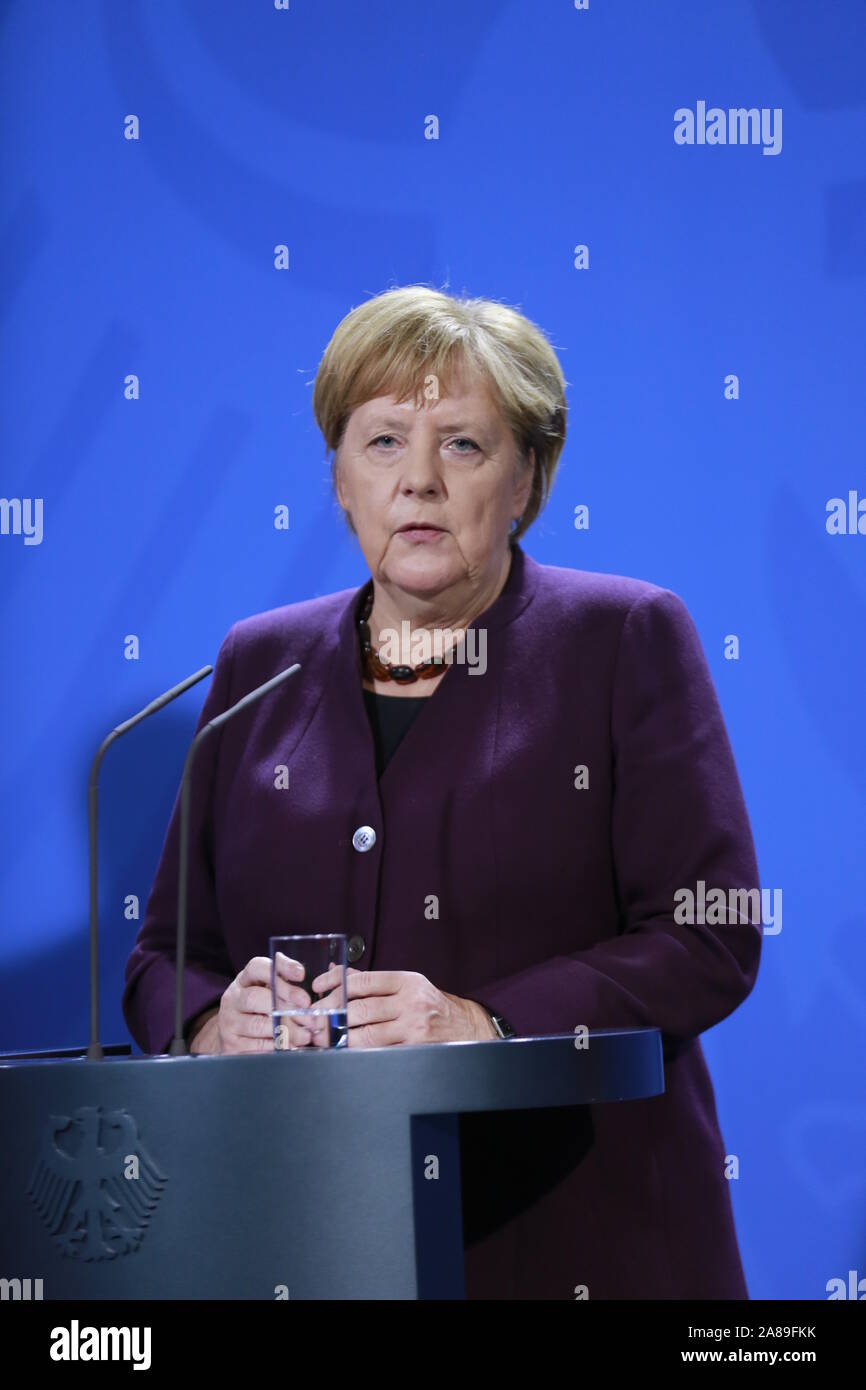 11/07/2019, Berlin, Allemagne, Angela Merkel à la chancellerie. La chancelière allemande Angela Merkel reçoit le secrétaire général de l'OTAN, M. Jens Stoltenberg, le 7 novembre pour une visite de travail à la Chancellerie fédérale. Au-delà de l'échange de vues sur les questions, l'échange de vues sont, en particulier, la prochaine réunion des chefs de gouvernement de l'OTAN à Londres les 3 et 4 décembre 2019, qui célèbre le 70e anniversaire de l'Alliance. Banque D'Images