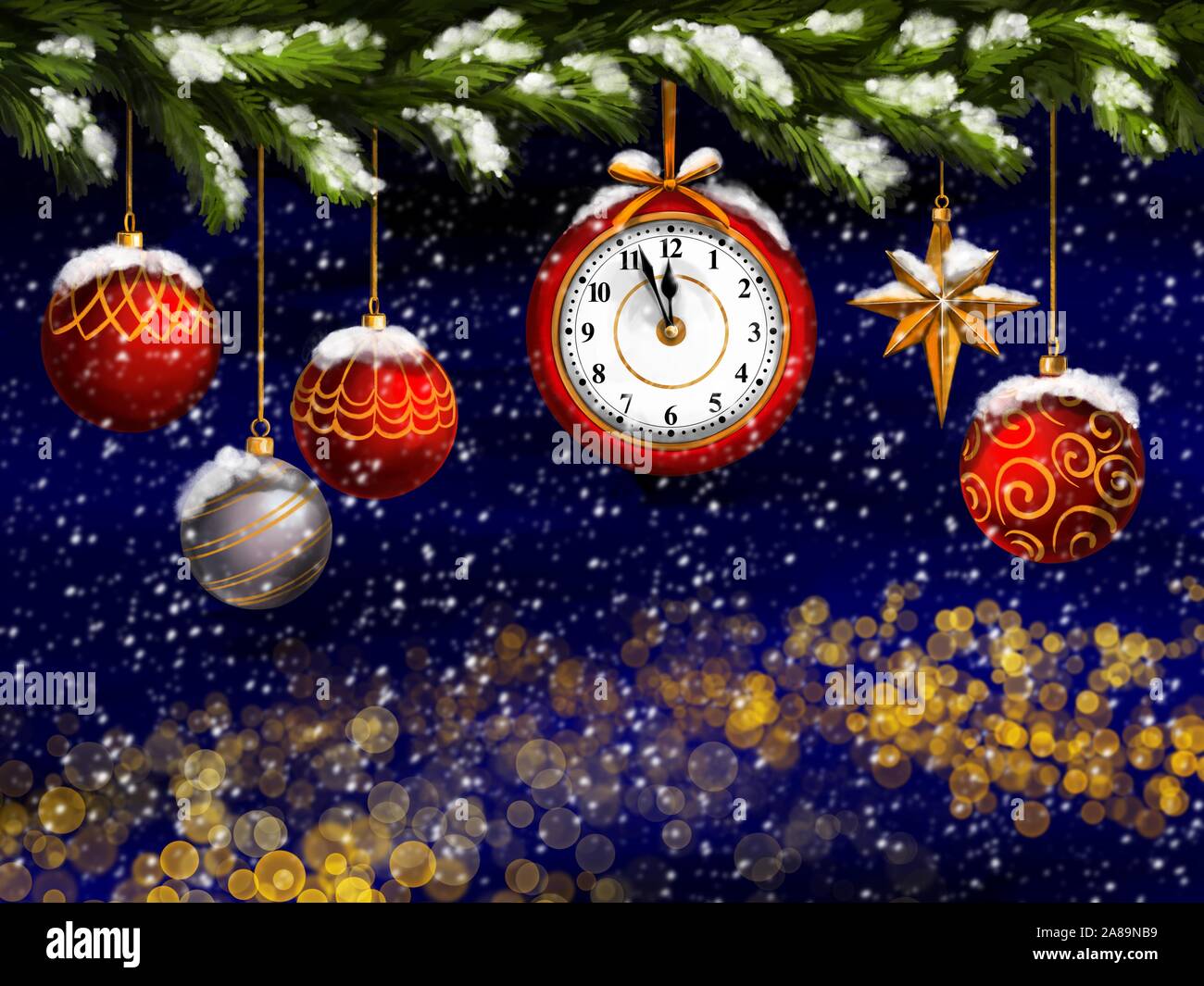 Réveil et décorations de Noël, noël ornement décoratif, l'art illustration peinte avec aquarelles sur sur un arrière-plan de fête Banque D'Images