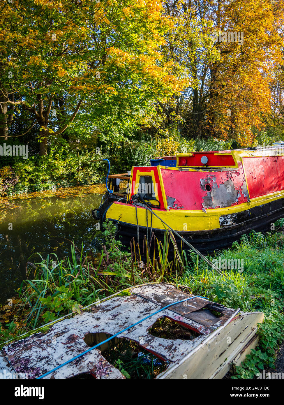 Bateau étroit en automne, Castle Mill Stream, des étangs de la Tamise, Oxford, Oxfordshire, England, UK, FR. Banque D'Images
