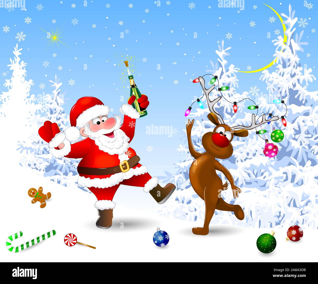 Santa et le cerf dans la forêt d'hiver. Père Noël avec une bouteille. Santa et deer célébrer Noël. La veille de Noël. Décorations de Noël dans la neige. Le Christ Illustration de Vecteur