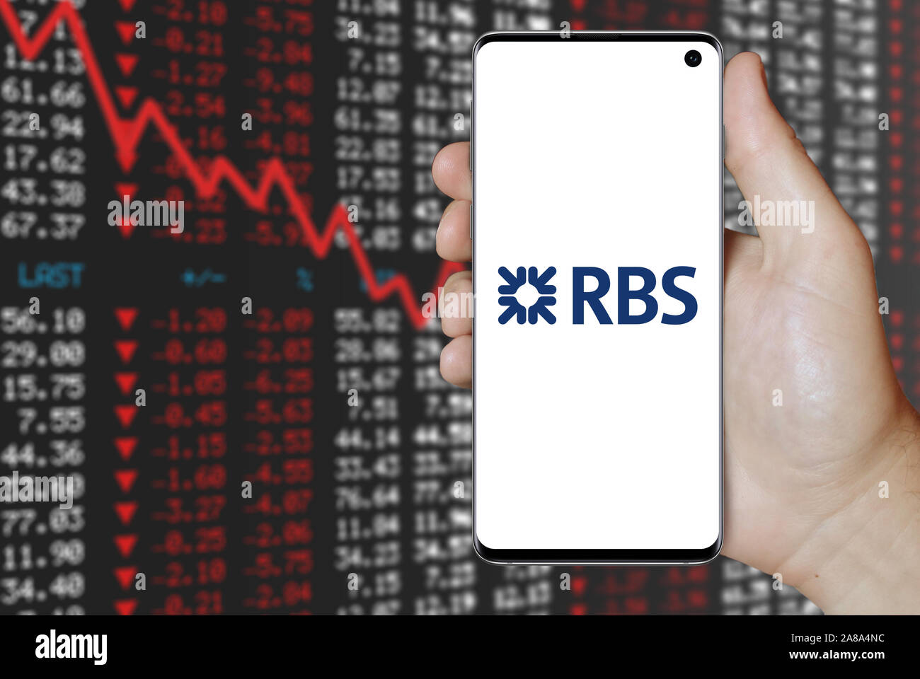 Logo de compagnie publique Royal Bank of Scotland Group affiche sur un smartphone. Contexte du marché boursier négatif. Credit : PIXDUCE Banque D'Images