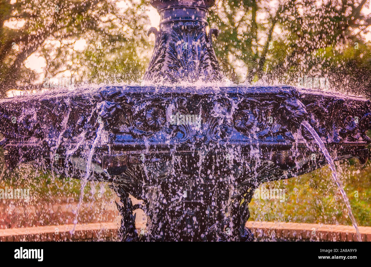 Les projections d'eau dans le jardin rose fontaine à Bellingrath Gardens, Février 24, 2018, dans Theodore, Alabama. Banque D'Images