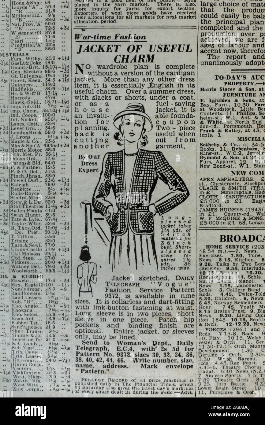Temps de guerre "Fashion" article dans le Daily Telegraph (réplique), 18 mai 1943, le lendemain de la Dam Busters raid. Banque D'Images