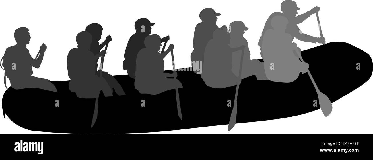 Descente sur une silhouette de l'eau Rivière rafteurs sur un fond blanc. Illustration de Vecteur