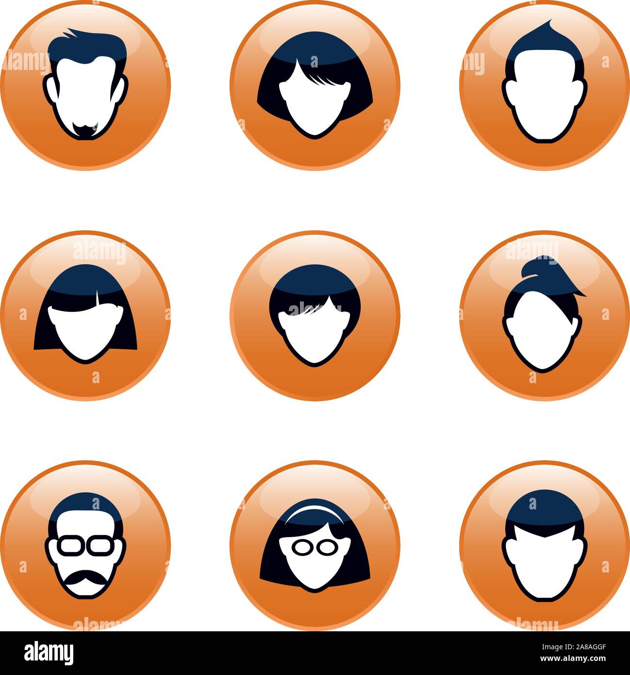 Ensemble de boutons oranges pour le web. Des têtes humaines et des silhouettes. Les relations interpersonnelles et la communication. Vector Illustration contour et d'icônes. Illustration de Vecteur