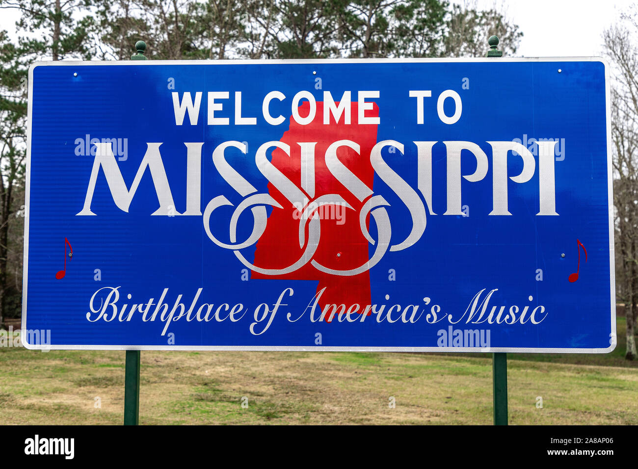 Ligne d'État du Mississippi, Bienvenue au Mississippi, berceau de la musique de l'Amérique. Emplacement Près de l'Interstate 10 à Pearlington, Mississippi. Banque D'Images