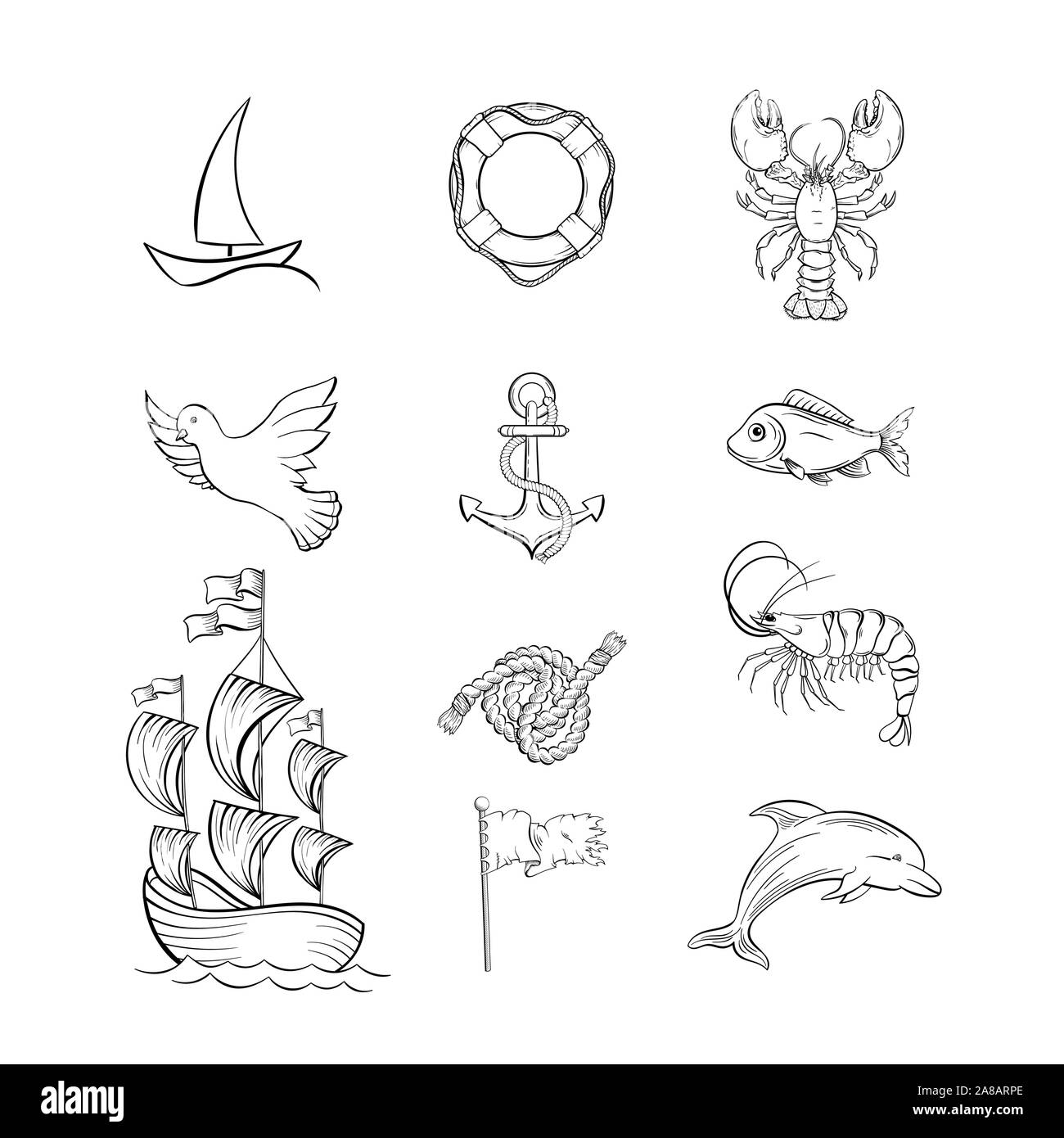 Des illustrations faites à la main de l'océan. La faune de la mer et de la voile mince ligne attributs symboles pack. Dolphin, le homard et d'oiseaux. Les animaux marins et les objets dessins monochromes. De Bateau, bouée et anchor Illustration de Vecteur Des illustrations faites à la main de l'océan. La faune de la mer et de la voile mince ligne attributs symboles pack. Dolphin, le homard et d'oiseaux. Les animaux marins et les objets dessins monochromes. De Bateau, bouée et anchor Illustration de Vecteur