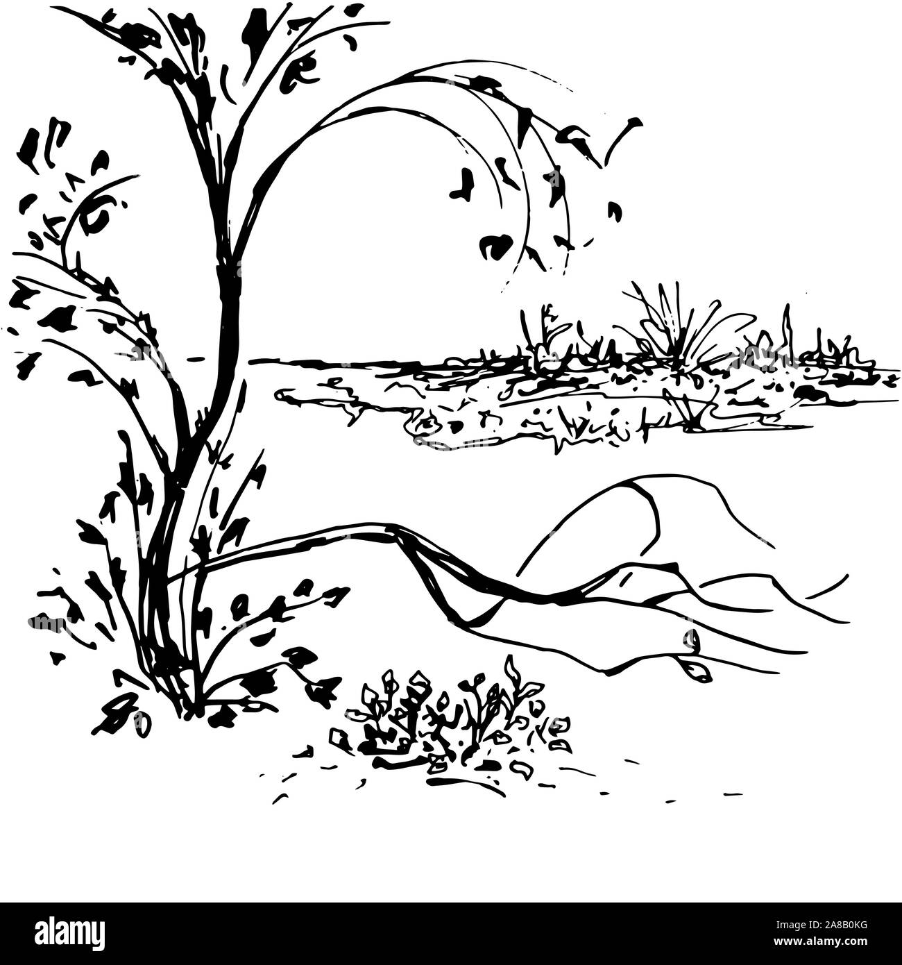 Nature Paysage noir vector hand drawn illustration. Décor oriental traditionnel avec l'arbre. Dessin peinture botanique dans le style japonais. Scène tranquille, paisible nature composition Illustration de Vecteur