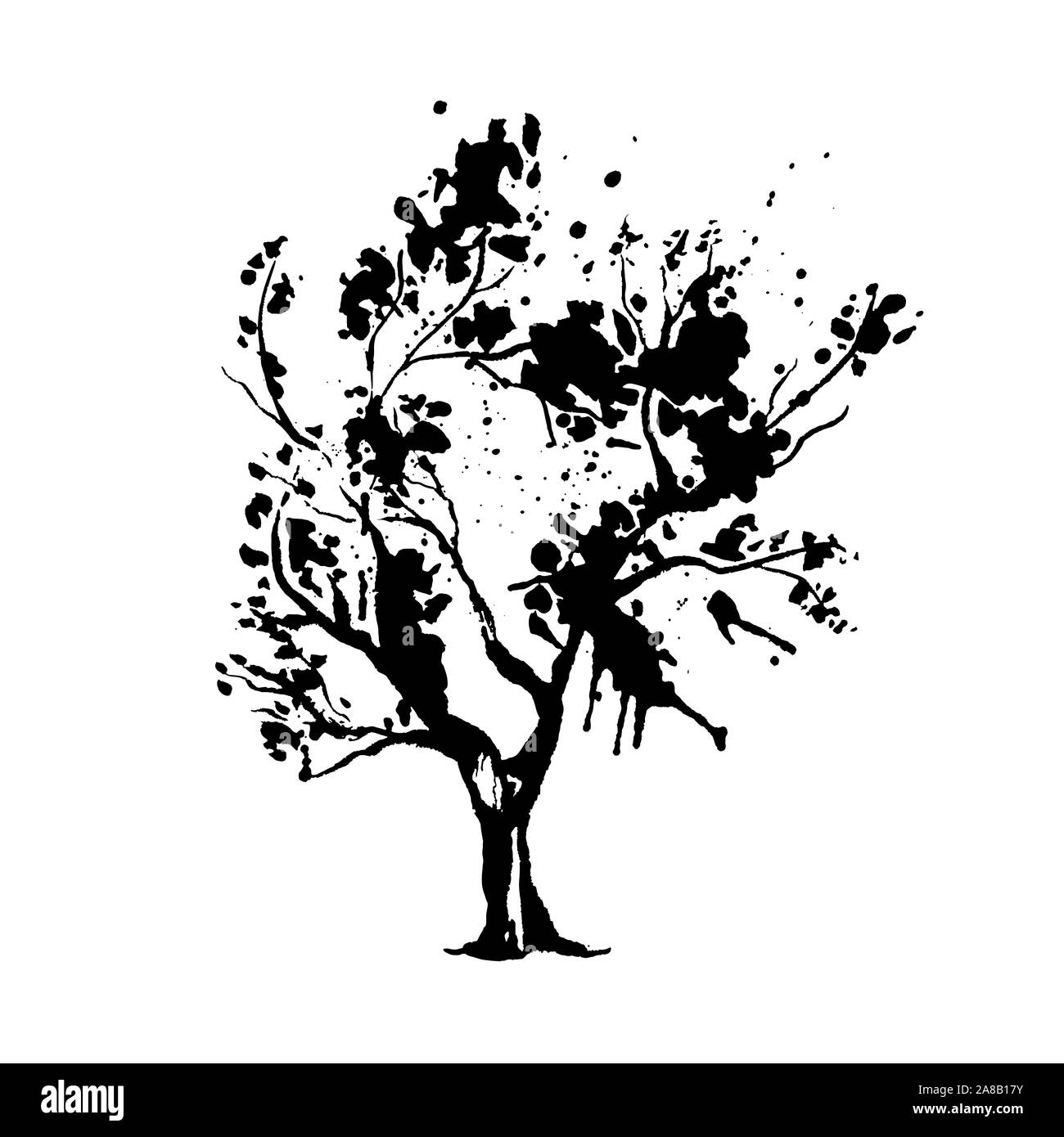 Tree in Japanese style vector illustration. Dessin à l'encre d'orient créatif de la nature. Conception botanique élément isolé sur blanc. Silhouette d'arbre stylisé avec des éclaboussures de peinture noire Illustration de Vecteur