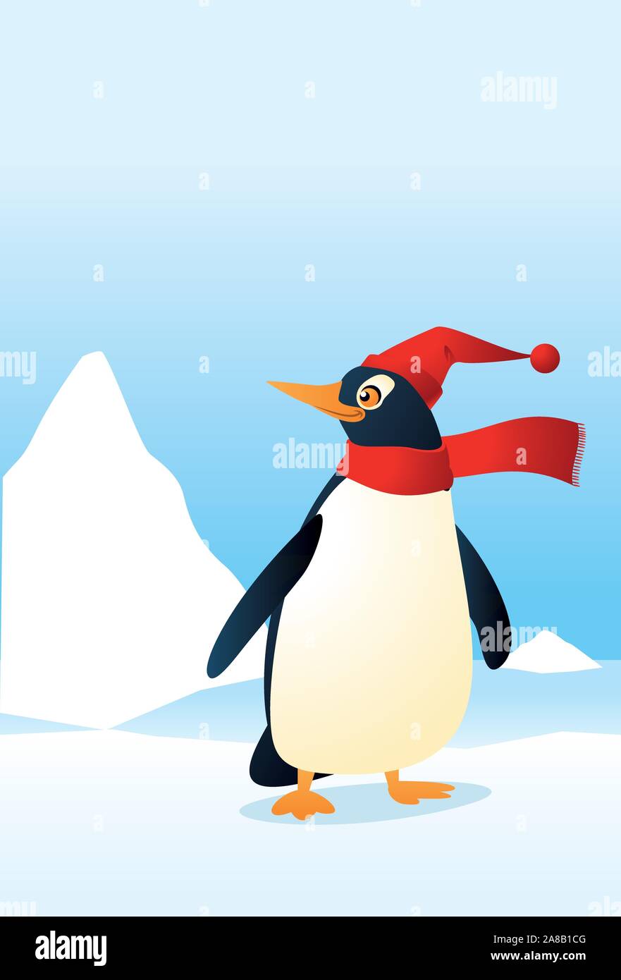 Manchot Empereur avec Chapeau tricoté et l'écharpe rouge d'hiver. Penguin préparé pour l'hiver prochain vector illustration. Illustration de Vecteur