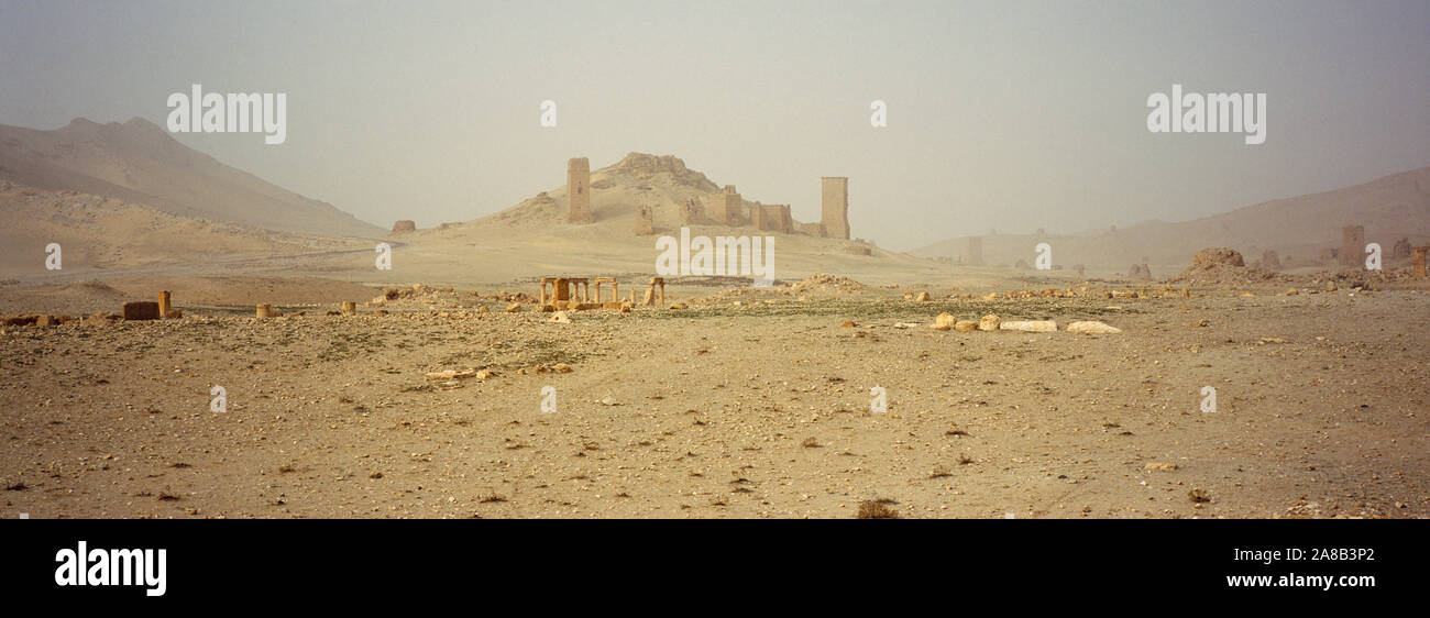 Tombes anciennes sur un paysage, Palmyra, Syrie Banque D'Images