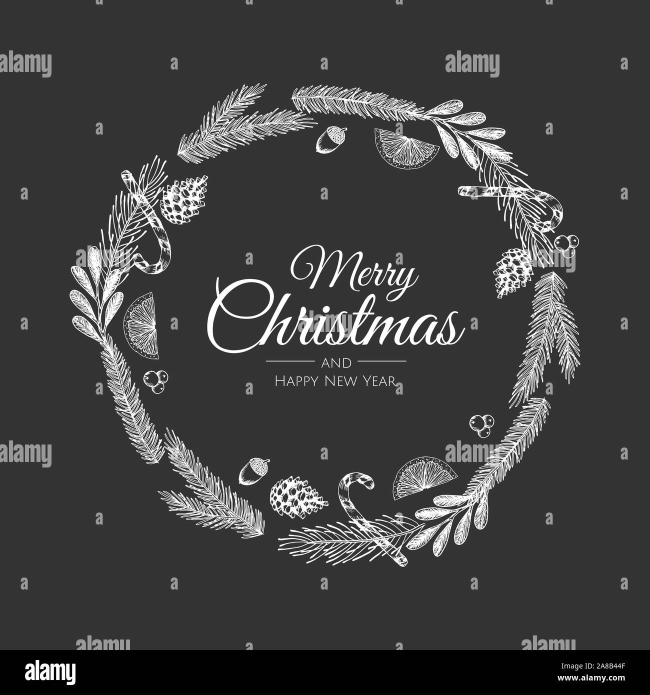 Joyeux noël cadre. Carte de vœux de Noël avec des décorations de Noël, branches de pins. Illustration de Vecteur