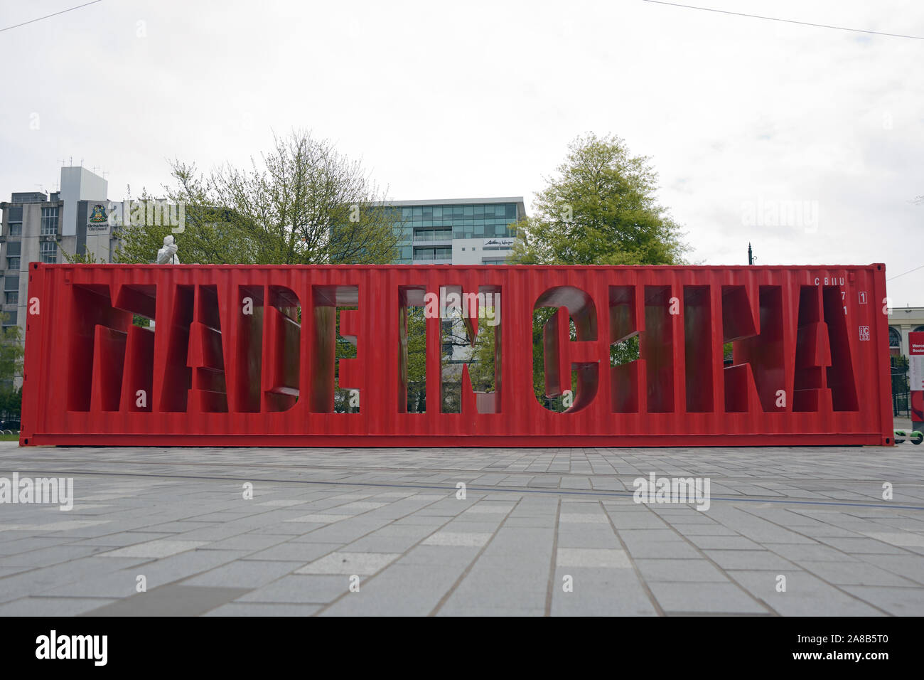 CHRISTCHURCH, Nouvelle-Zélande, le 12 octobre 2019 : Cut-out des conteneurs d'expédition déclarer fabriqué en Chine dans la ville de Christchurch Banque D'Images