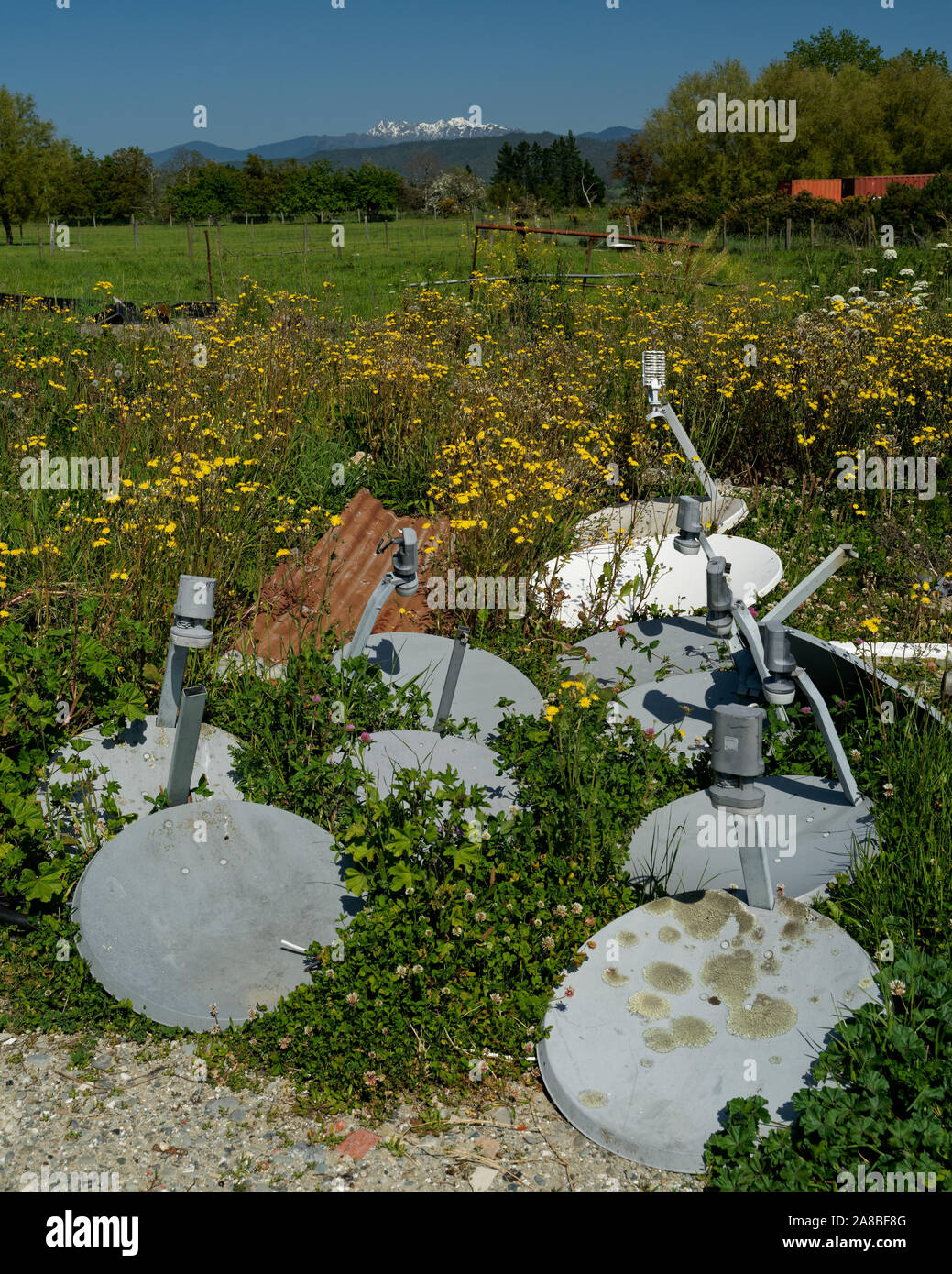 Plusieurs antennes satellites abandonnés licenciés comme les gens se déplacent à l'internet et des services de diffusion en continu. Banque D'Images