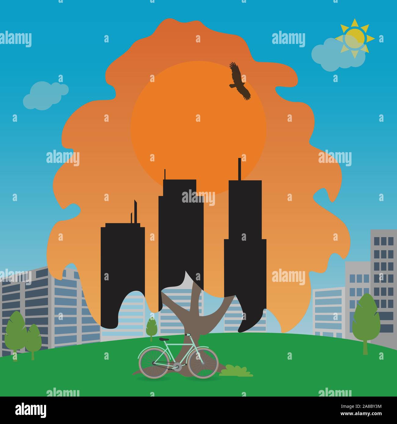Arbre avec trois silhouettes à l'intérieur du bâtiment c Illustration de Vecteur