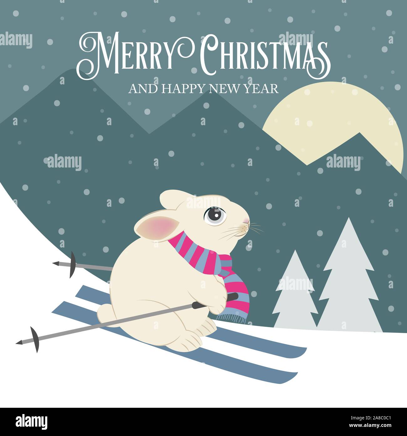 Belle carte de Noël rétro avec lapin skieur. Modèle plat. Vector Illustration de Vecteur