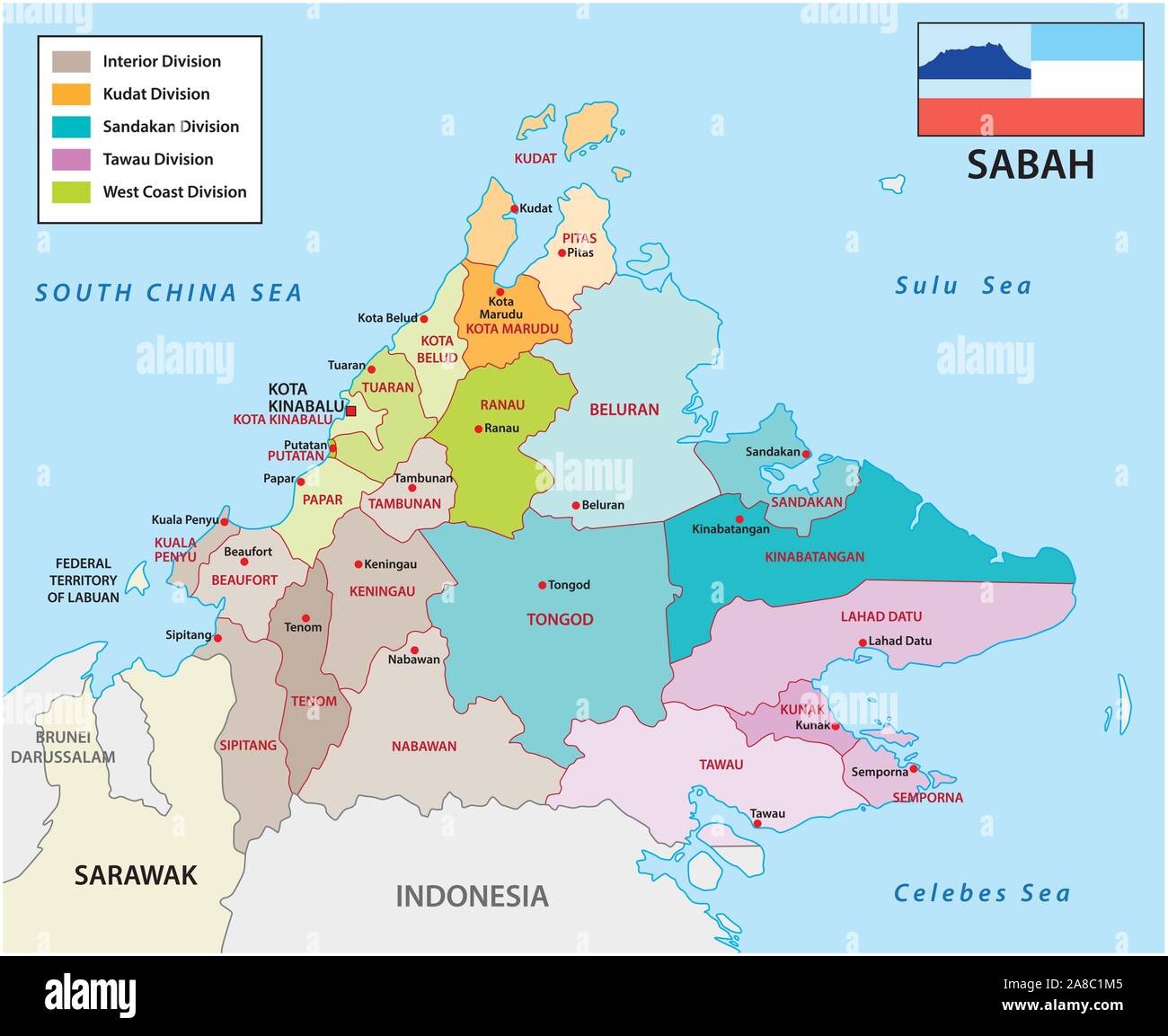 La carte administrative et politique de l'état de Malaisie sabah avec drapeau Illustration de Vecteur