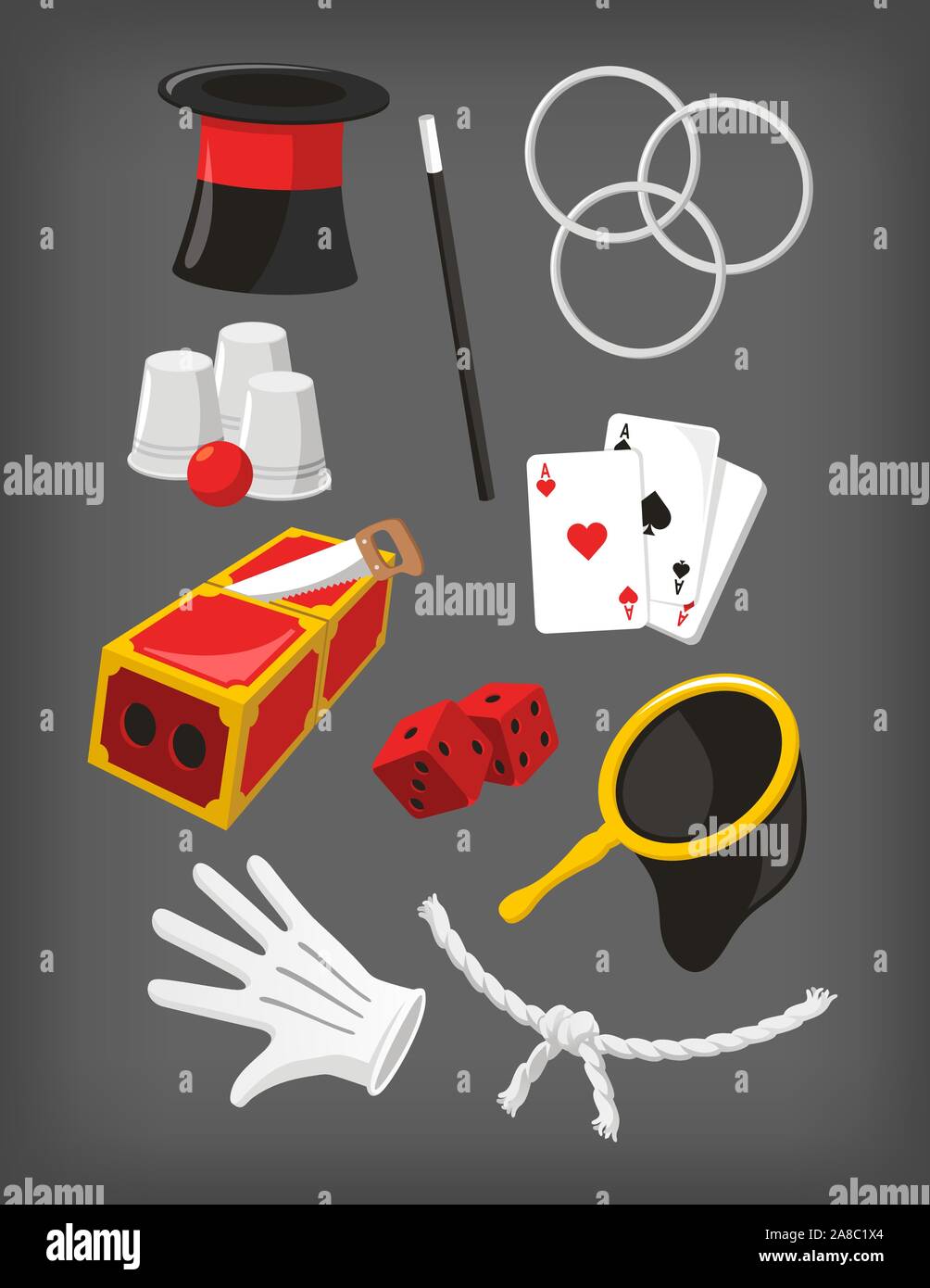 Icon Set magique, avec Magic Top Hat, Hoop, Baguette magique, dés, gants blancs, Ace, cartes, corde, Sac Magique Magic Box Trick, verres et la balle. Illustration de Vecteur