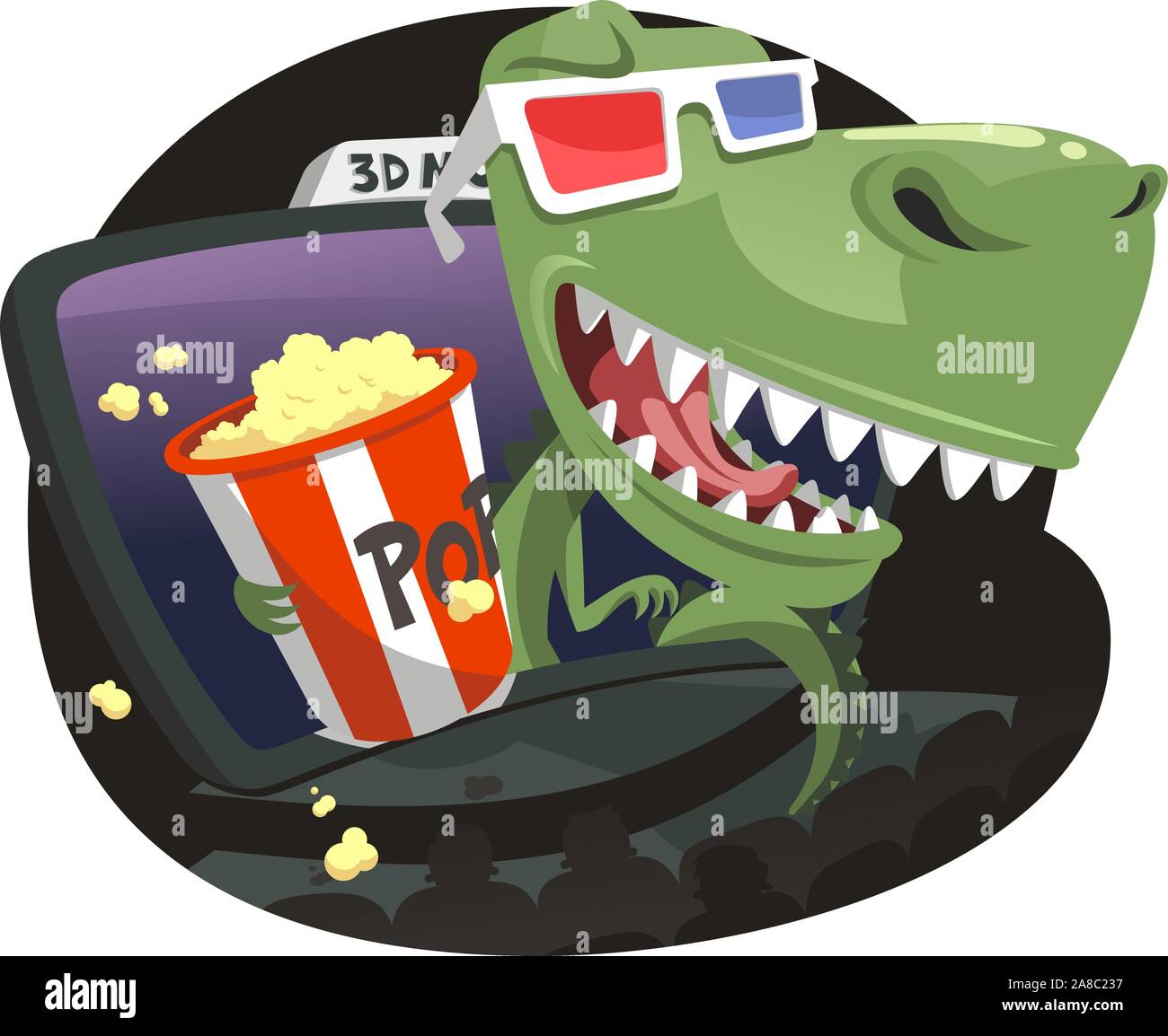 Dinosaures 3D de sauter hors de l'écran dans un cinéma, 3D avec des lunettes rouge et bleu eating pop corn. Vector illustration cartoon. Illustration de Vecteur