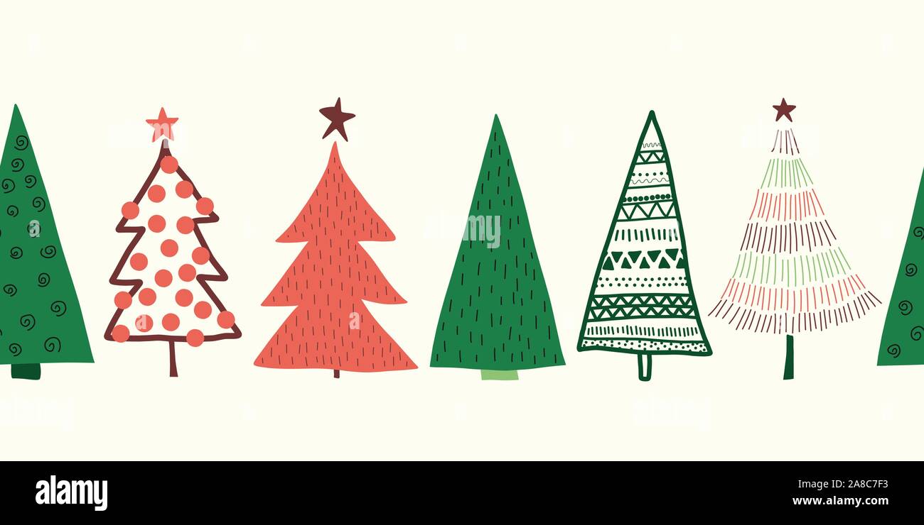 Vecteur d'arbres de Noël frontière. Modèle sans couture hand drawn doodle arbres vert rouge. Maison de vacances d'hiver décoration design sketch pour rubans, card Illustration de Vecteur
