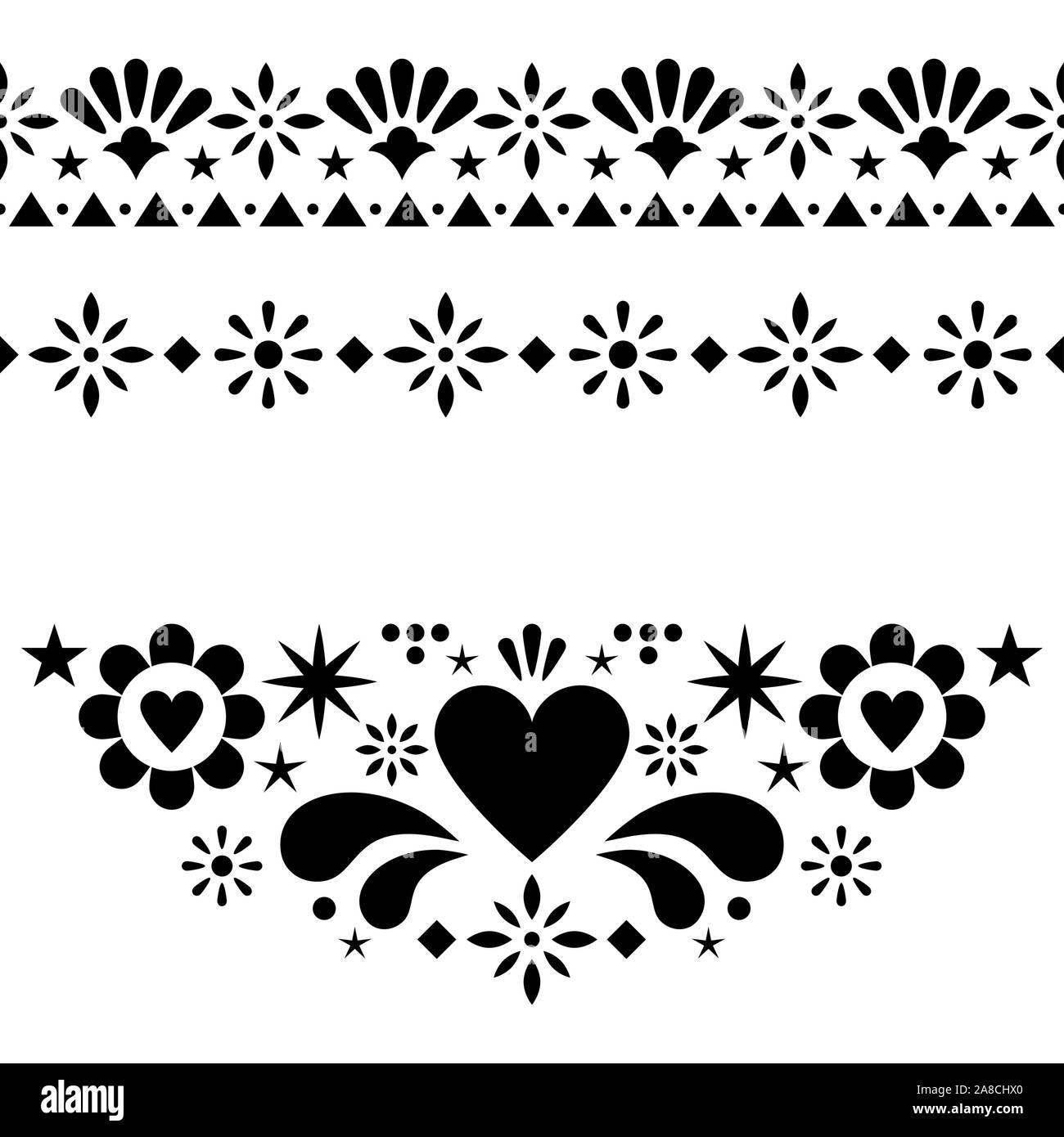 Floral mexicain et le résumé des éléments de conception de scénario, noir et blanc L'art populaire traditionnel du Mexique, les patrons sur carte de vœux de mariage invitati Illustration de Vecteur