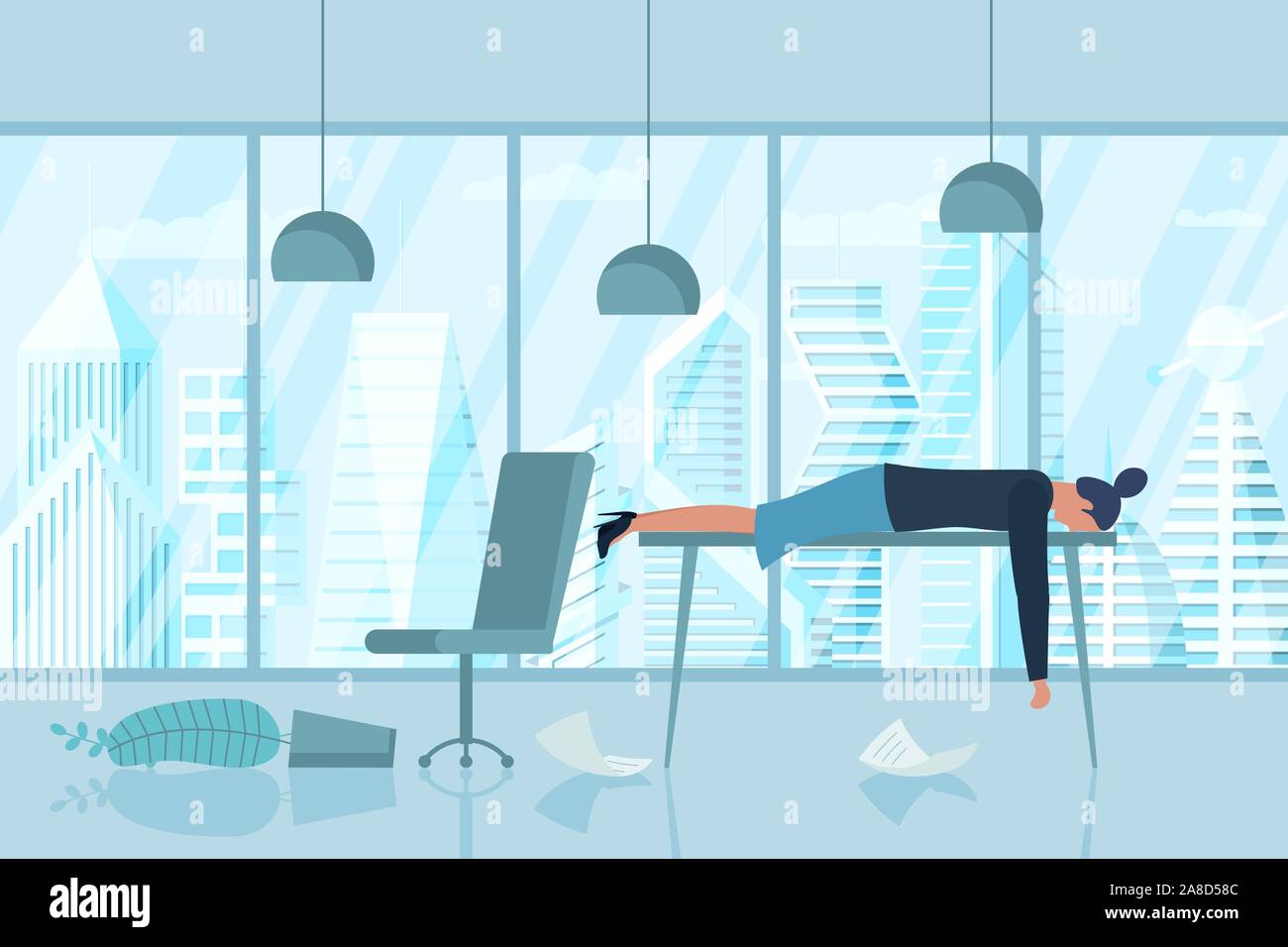 Syndrome d'épuisement professionnel. Exténué malade femme gestionnaire fatiguée dans le bureau triste ennui se trouve avec la tête vers le bas sur la table. Problèmes de santé mentale des travailleurs frustrés. Illustration vectorielle de la journée de stress au travail Illustration de Vecteur
