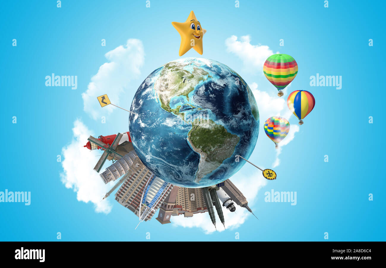 Heureux cartoon star dans le ciel tout en 3D render of Earth globe avec office gratte-ciel, des repères, la circulation et de la signalisation routière debout sur elle. R de haute qualité Banque D'Images