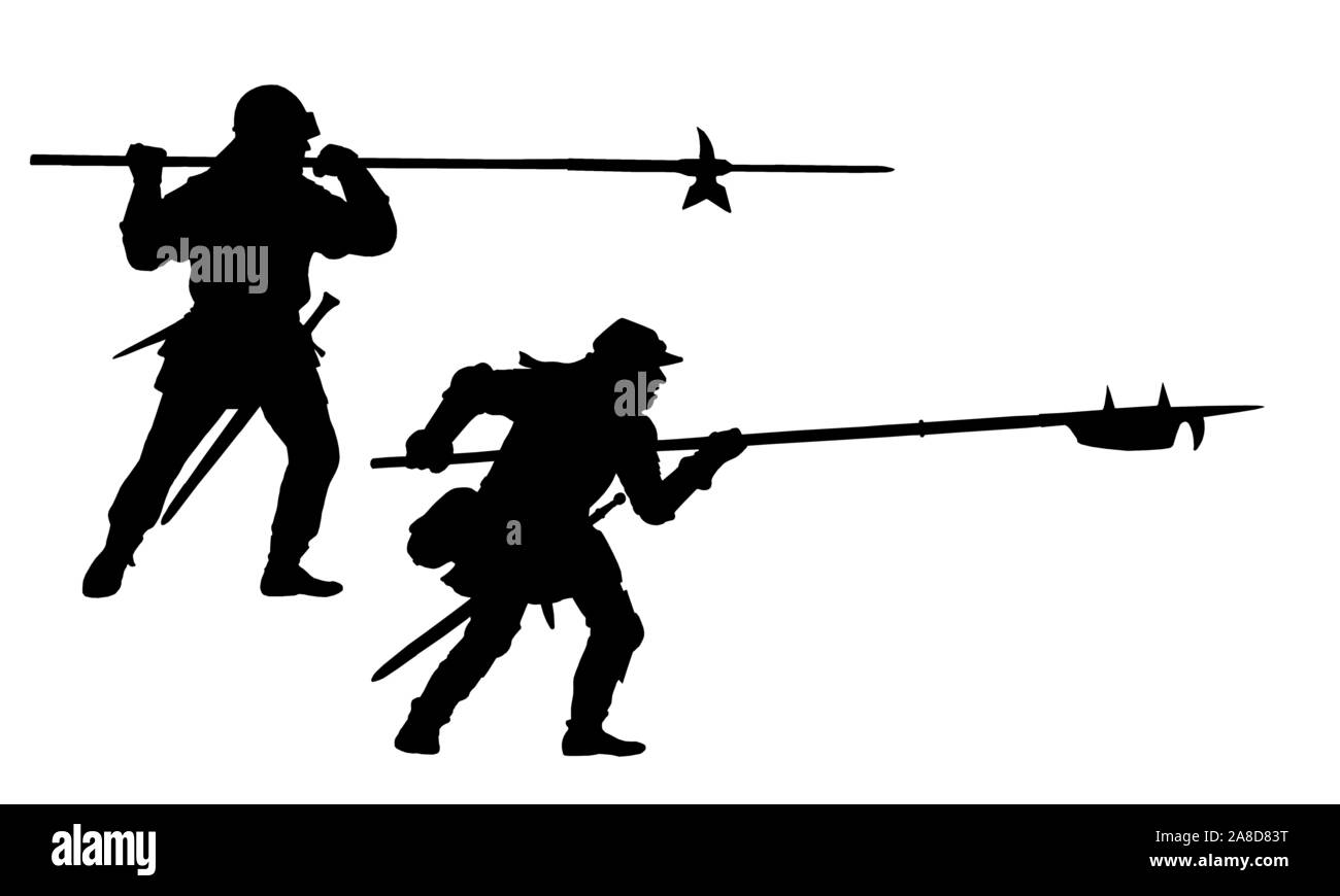 Guerriers médiévaux avec hallebarde. Landsknechts en attaque. Illustration historique. Banque D'Images