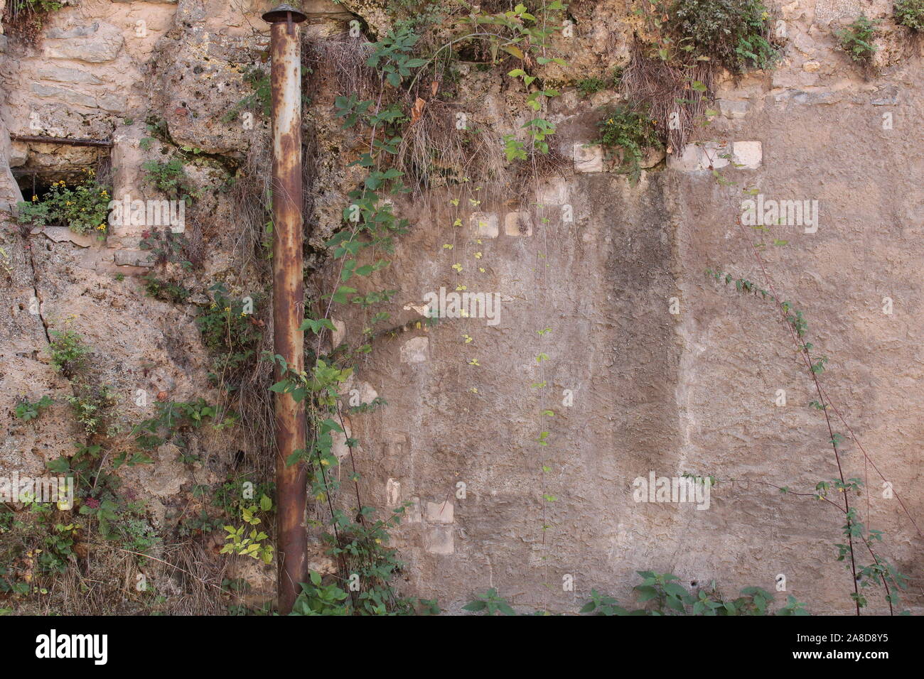 Ancienne cheminée en métal qui sortent de la terre en face d'un vieux rock tous couverts avec des plantes Banque D'Images