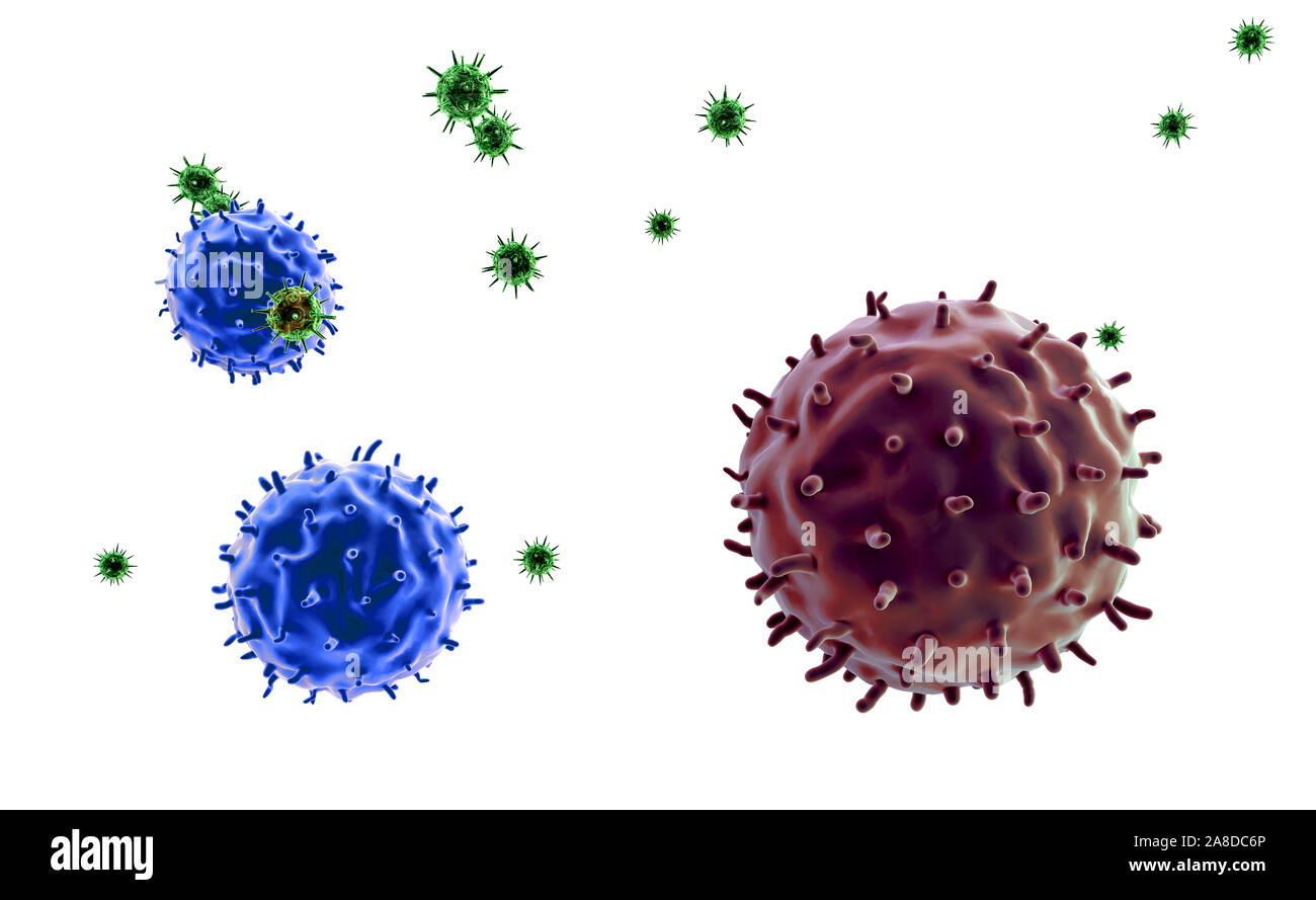 Les lymphocytes et les virus, les cellules de cancer, cancer cell en rendu 3D, cellule de cancer et de lymphocytes, les lymphocytes T attaquent un cancer cell migration Banque D'Images