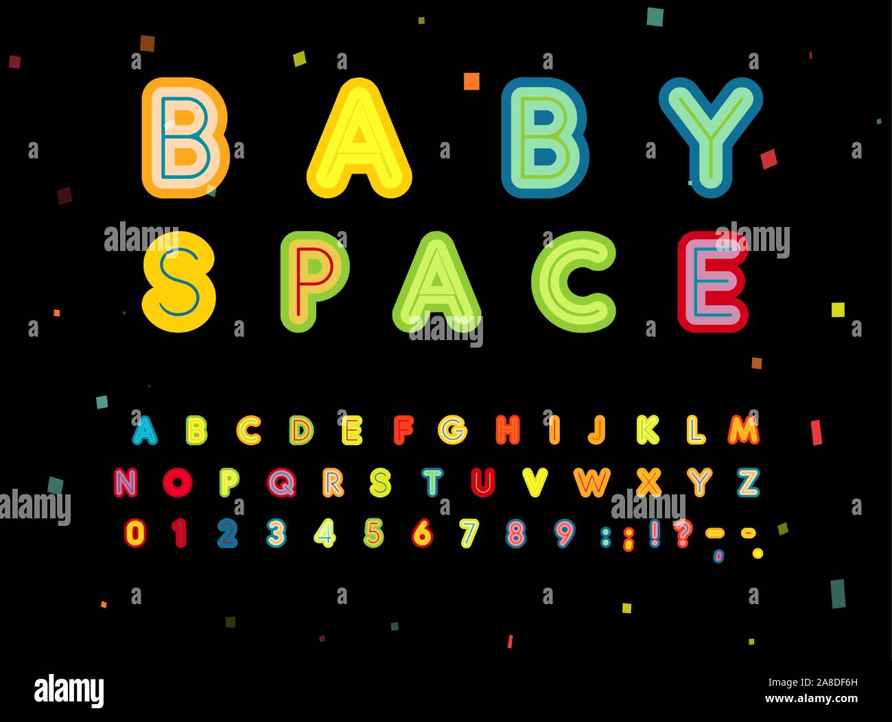 Espace bébé lettres et chiffres. Enfants gras, style vector global à l'alphabet latin. Font pour les enfants événements, anniversaire, jeu, jeux, logo Illustration de Vecteur
