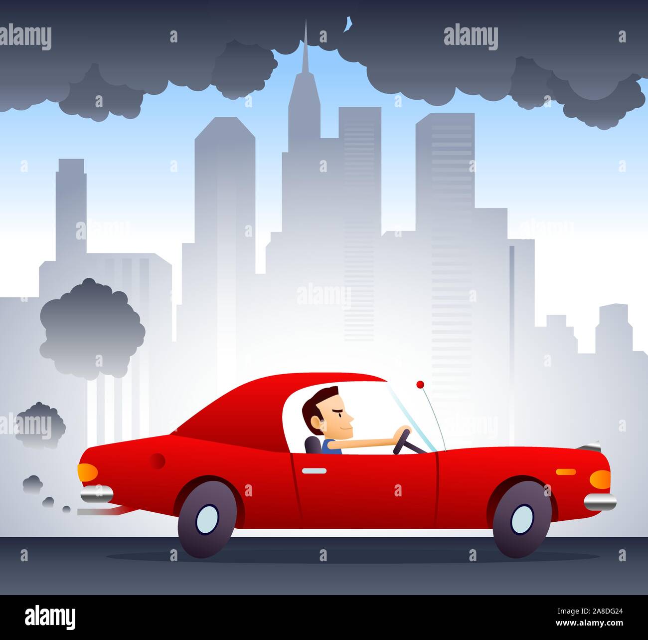 Environnement Pollution voiture conduite par le sourire et l'homme confiant. Arrière-plan de ville cartoon illustration vectorielle. Illustration de Vecteur