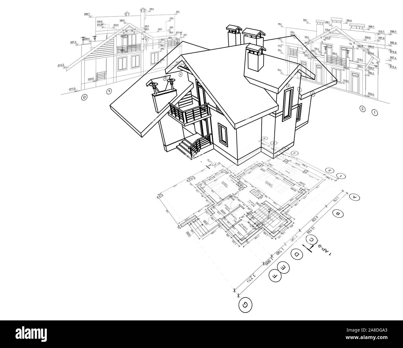 Plan d'architecture détaillée, plan du salon, mise en page, la vue perspective, modèle 3D, place pour le texte Banque D'Images