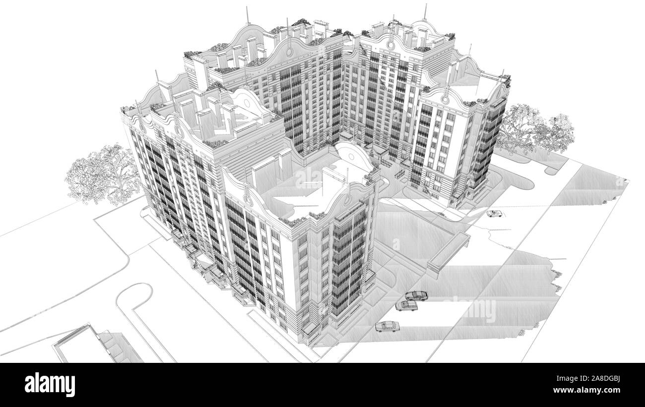 Croquis au crayon 3d illustration d'un immeuble moderne de plusieurs étages, vue sur le toit Banque D'Images
