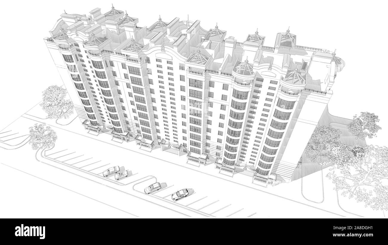Croquis au crayon 3d illustration d'un immeuble moderne de plusieurs étages, vue sur le toit Banque D'Images
