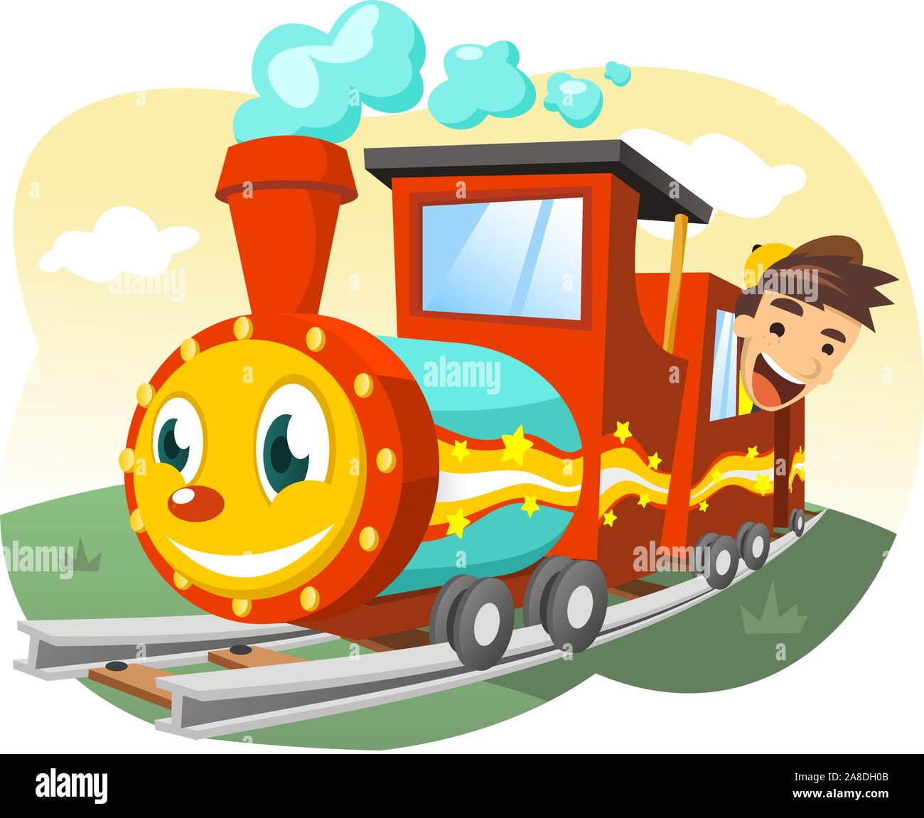 Cartoon illustration d'un petit garçon à cheval un vrai petit train de taille. Illustration de Vecteur