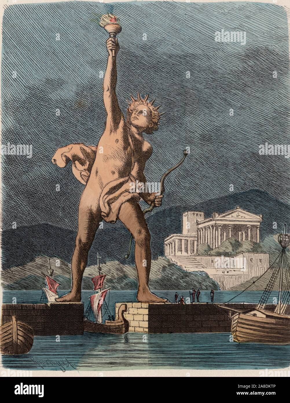 Historia Antigua. Las Siete maravillas del mundo antiguo. El Coloso de Rodas, estatua gigante del dios Helios construída en la isla de Rodas. La gravure en alemán de 1886. Banque D'Images