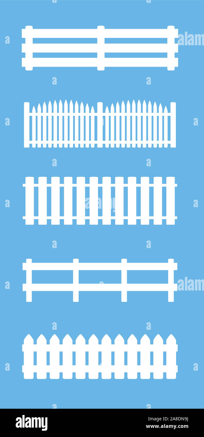 Clôtures et balustrades, définir des styles différents - illustration sur fond bleu. Banque D'Images