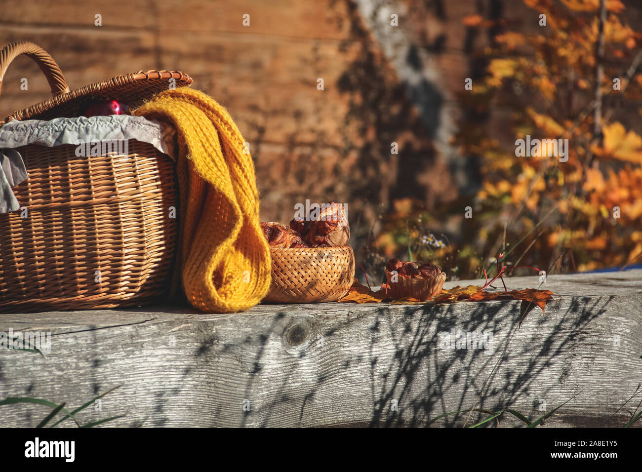 Pique-nique d'automne à la campagne. Panier pique-nique avec thermos et de brioches à la cannelle servi sur un vieux bois Banque D'Images