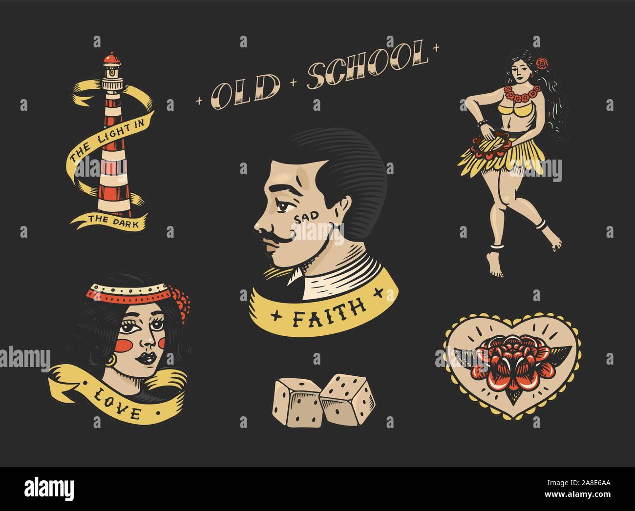 Ensemble de vintage old school tattoo. Cartes de Jeu de caractères, danseuse de hula hawaïenne femme, lèvres et phare, panthère, dés et serpent. Main gravée Illustration de Vecteur
