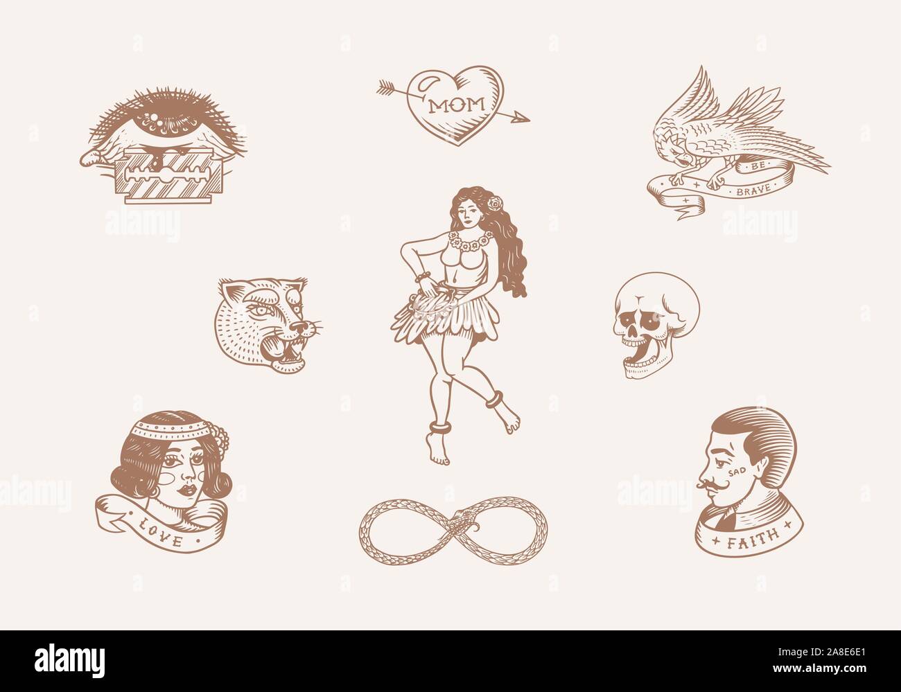 Old school tattoo autocollants set. Danseuse de hula hawaïenne, femme homme hipster, phare, Panther, crâne et serpent. Gravé à la main vintage retro Illustration de Vecteur