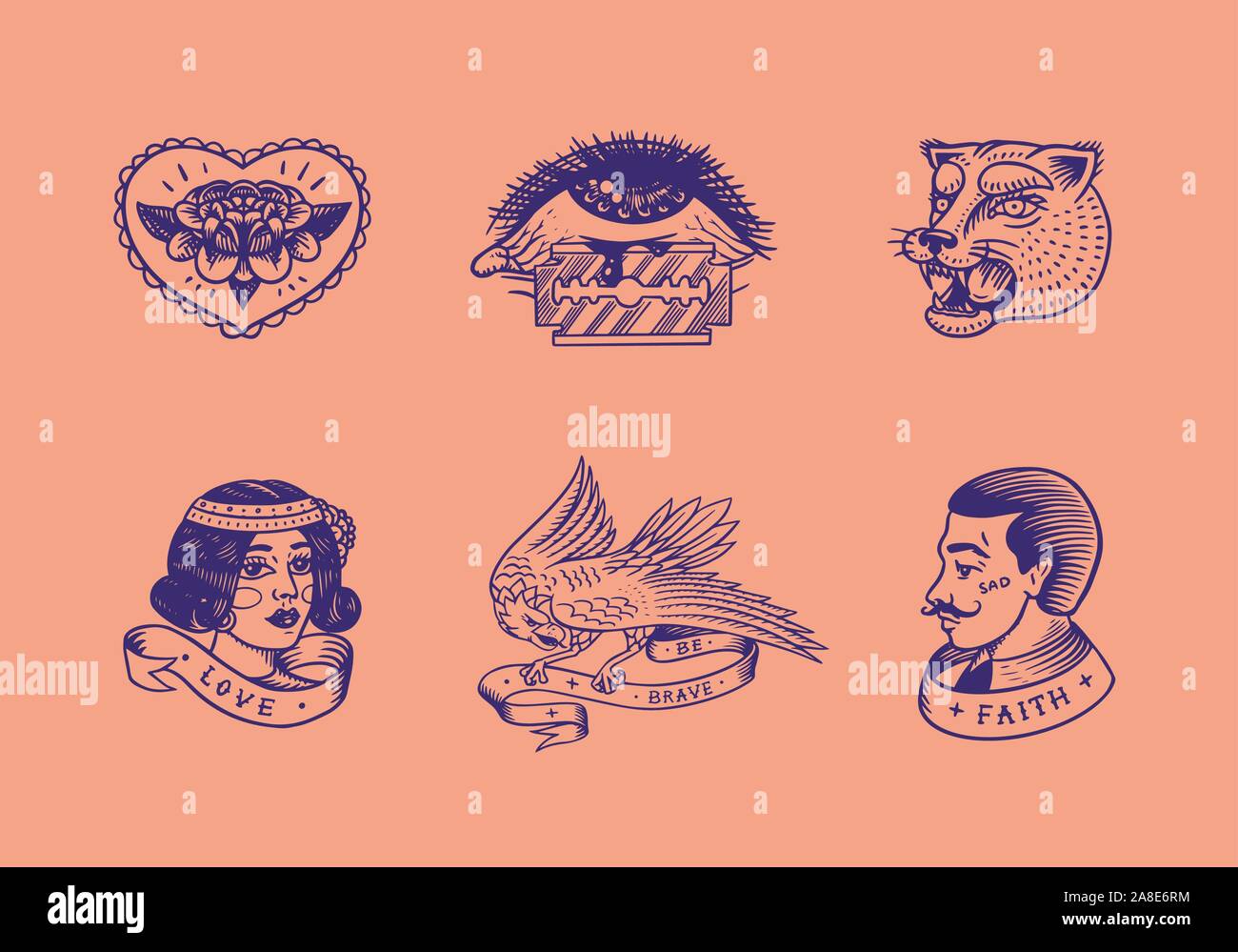 Ensemble de vintage old school tattoo. Cartes de Jeu de caractères, danseuse de hula hawaïenne femme, lèvres et phare, panthère, dés et serpent. Main gravée Illustration de Vecteur