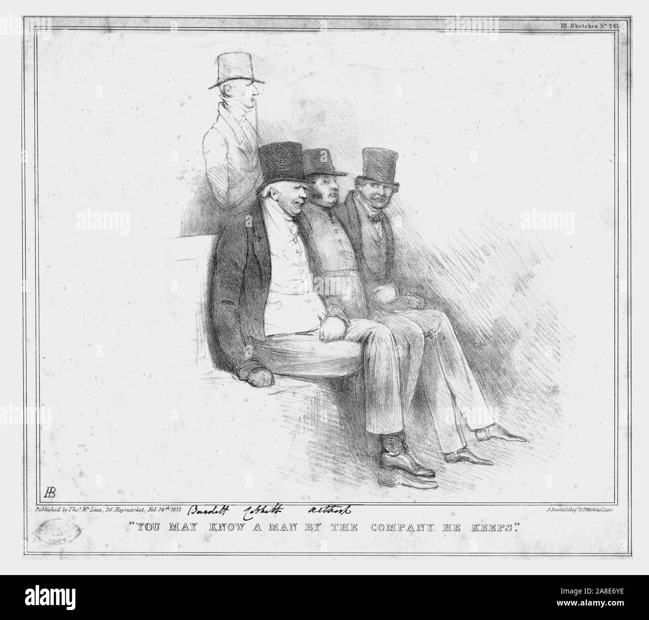 '"Vous le savez peut-être un homme par la société Il garde"', 1833. 'Burdett' (Sir Francis Burdett), 'Cobbett" (William Cobbett), 'Althorp' (John Charles Spencer, 3e comte Spencer) et Edward Geoffrey Smith Stanley. Caricature satirique sur la politique britannique par 'H.B." (John Doyle). [Thomas McLean, Londres, 1833] Banque D'Images